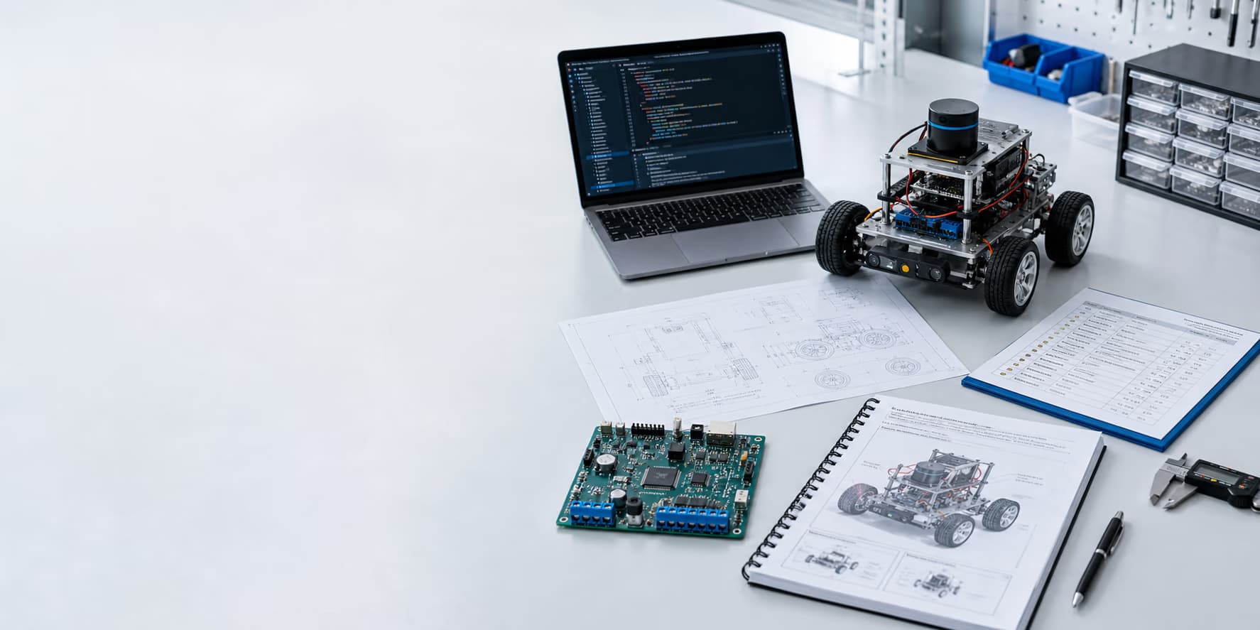 A mobile robot project with source code, circuit board, drawings, bill of materials, and build guide arranged for inspection
